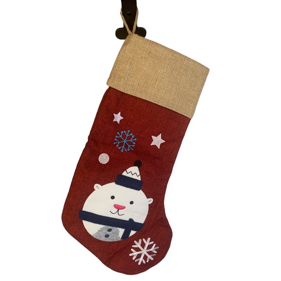 Polar Bear Christmas Stocking Unbranded Burgundy Gold Snowflakes 18 Inches New - Picture 1 of 5